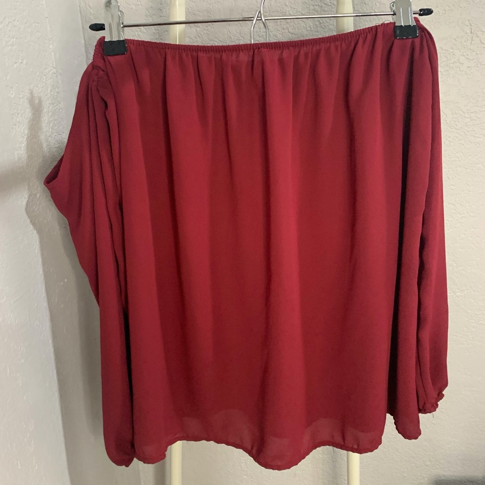 Burgundy/Garnet Off-the-Shoulder Long Sleeve Blouse, Size Medium